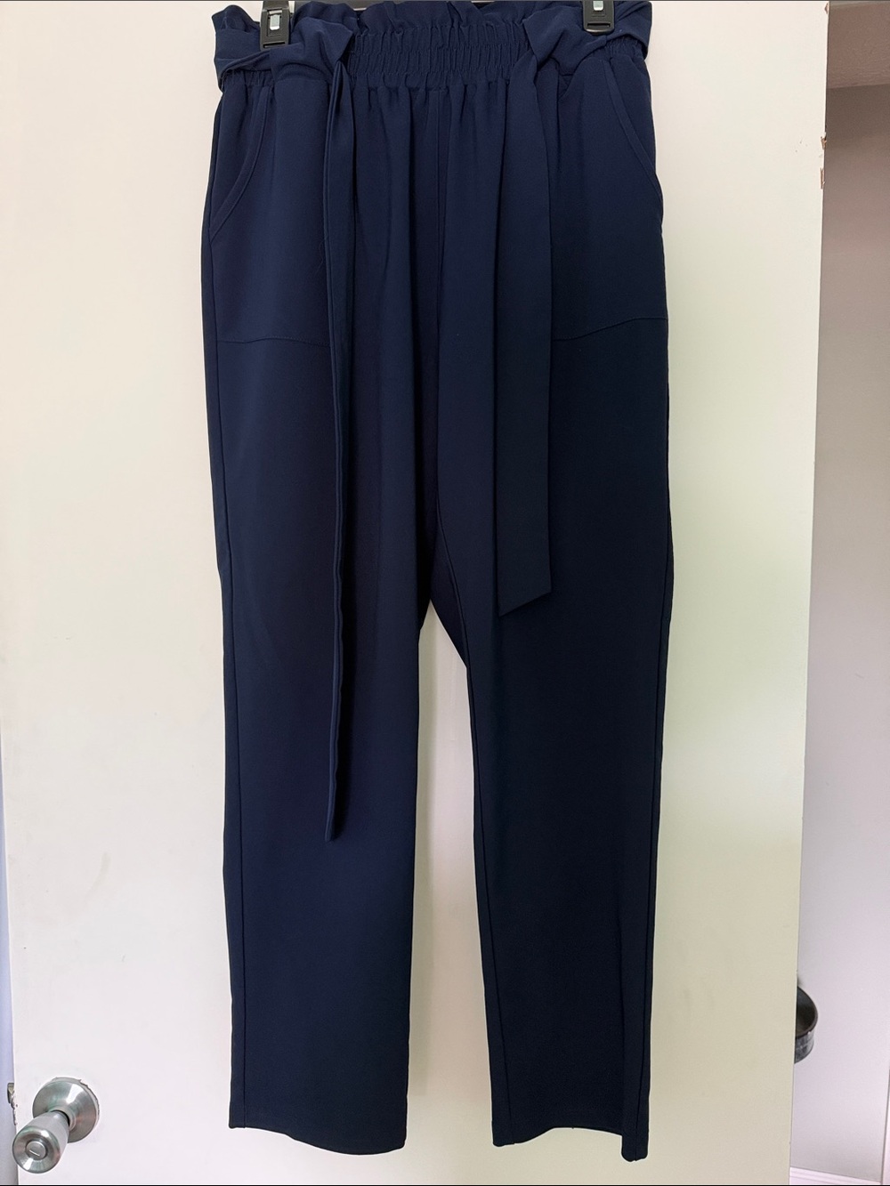 Grace Karin Navy Paperbag Waist Tie Trousers